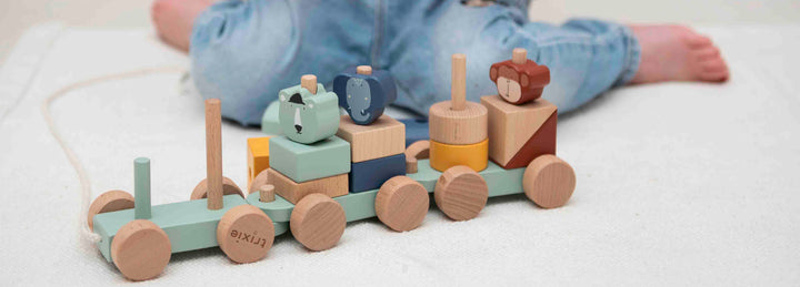 trixie green stackable wooden pull-along toy train